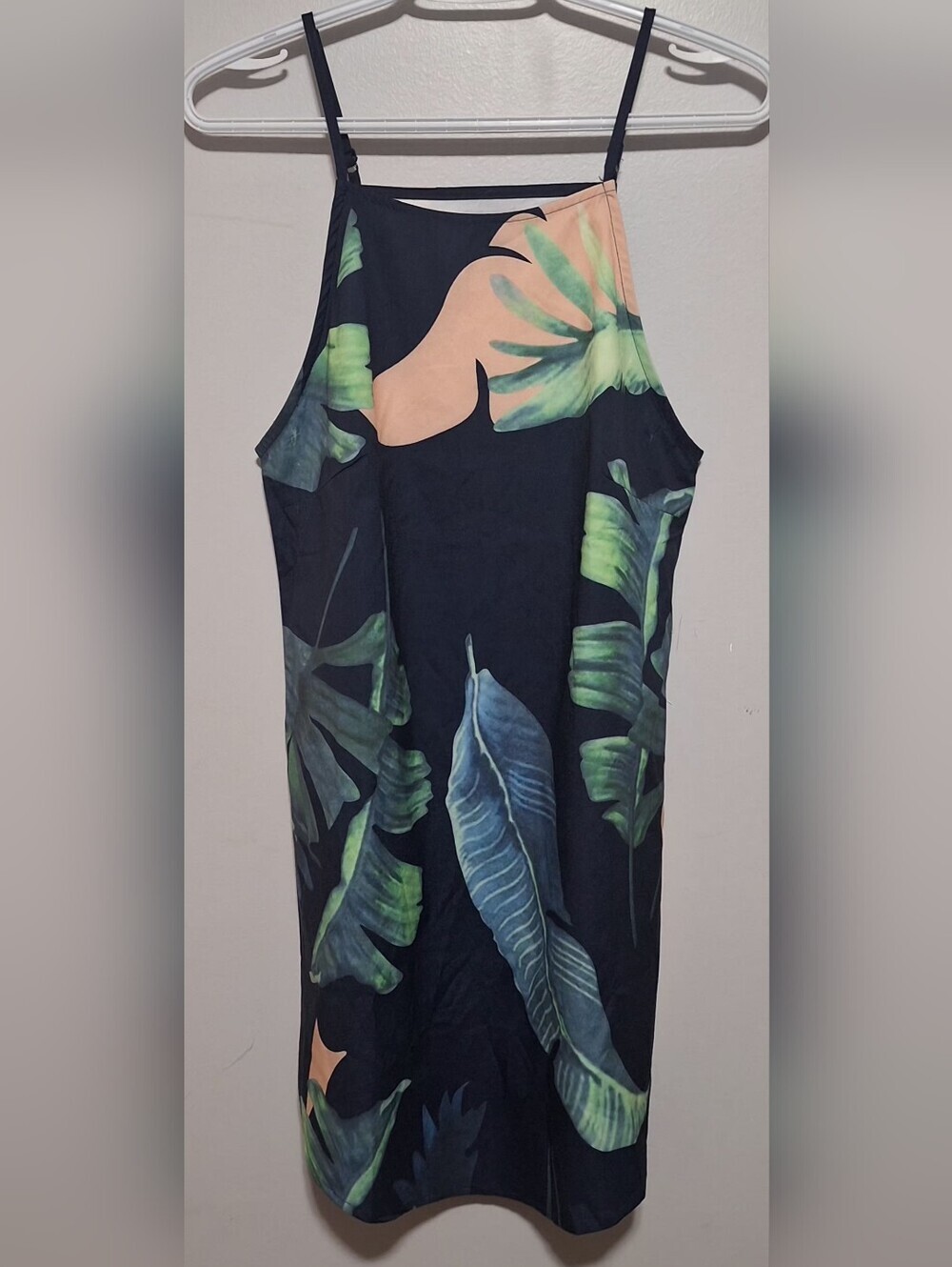 Small Tropical Leaf Print Slip Dress - Black with Green & Peach Leaves